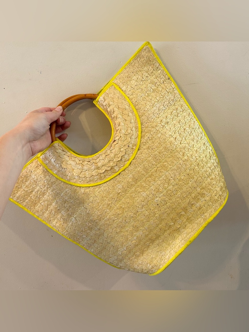 Vintage Straw Beach Tote w/ Bamboo Handle & Yellow Neon Edge